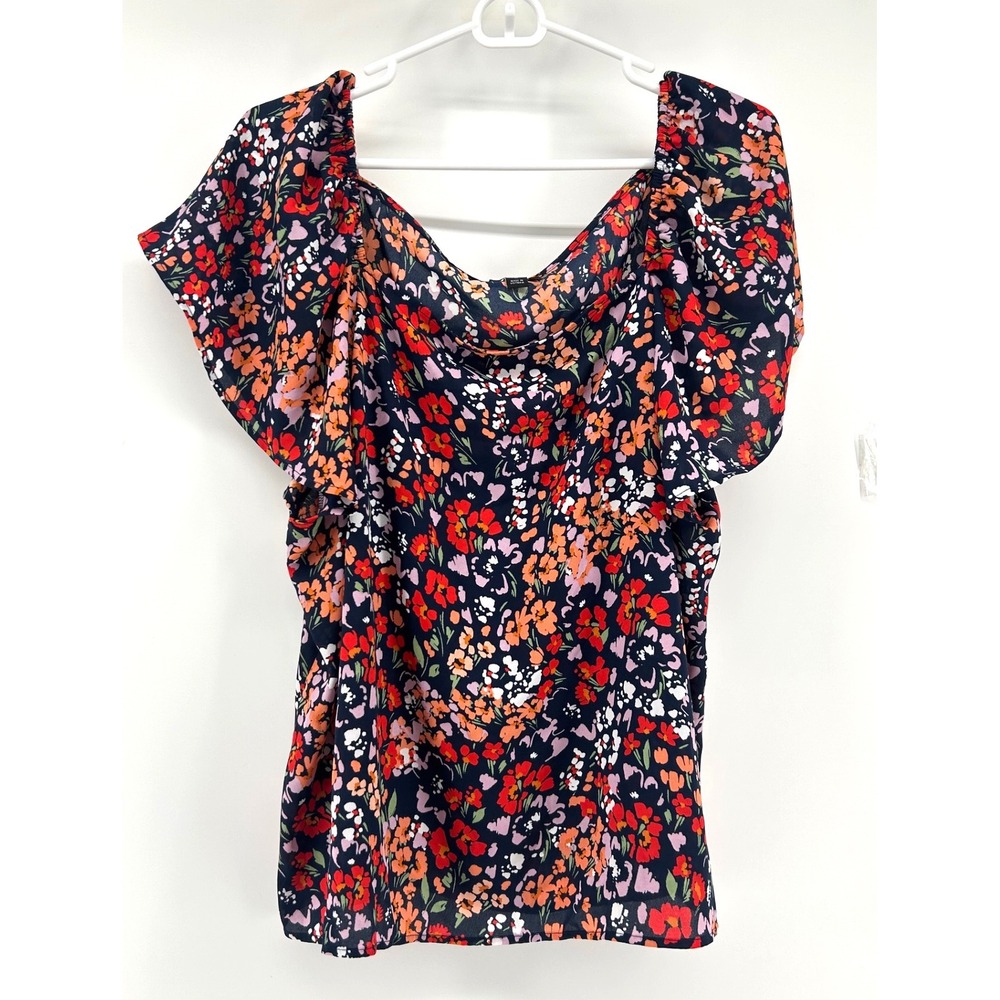Ann Taylor Factory Women XL Floral Square Neck Flutter Sleeve Blouse Navy Red